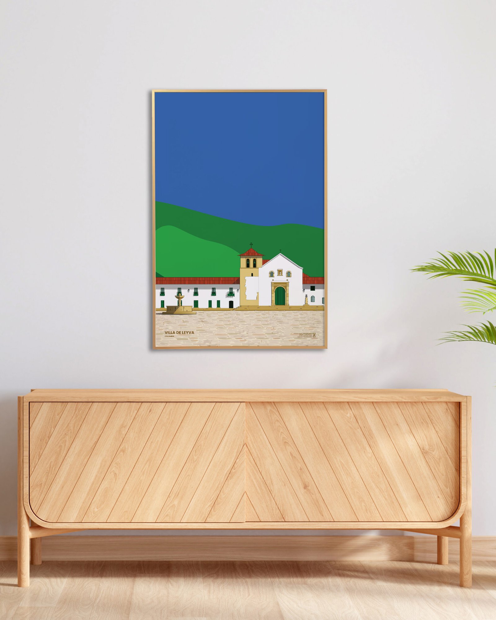 Wood sideboard in living room with copy space, 3D rendering